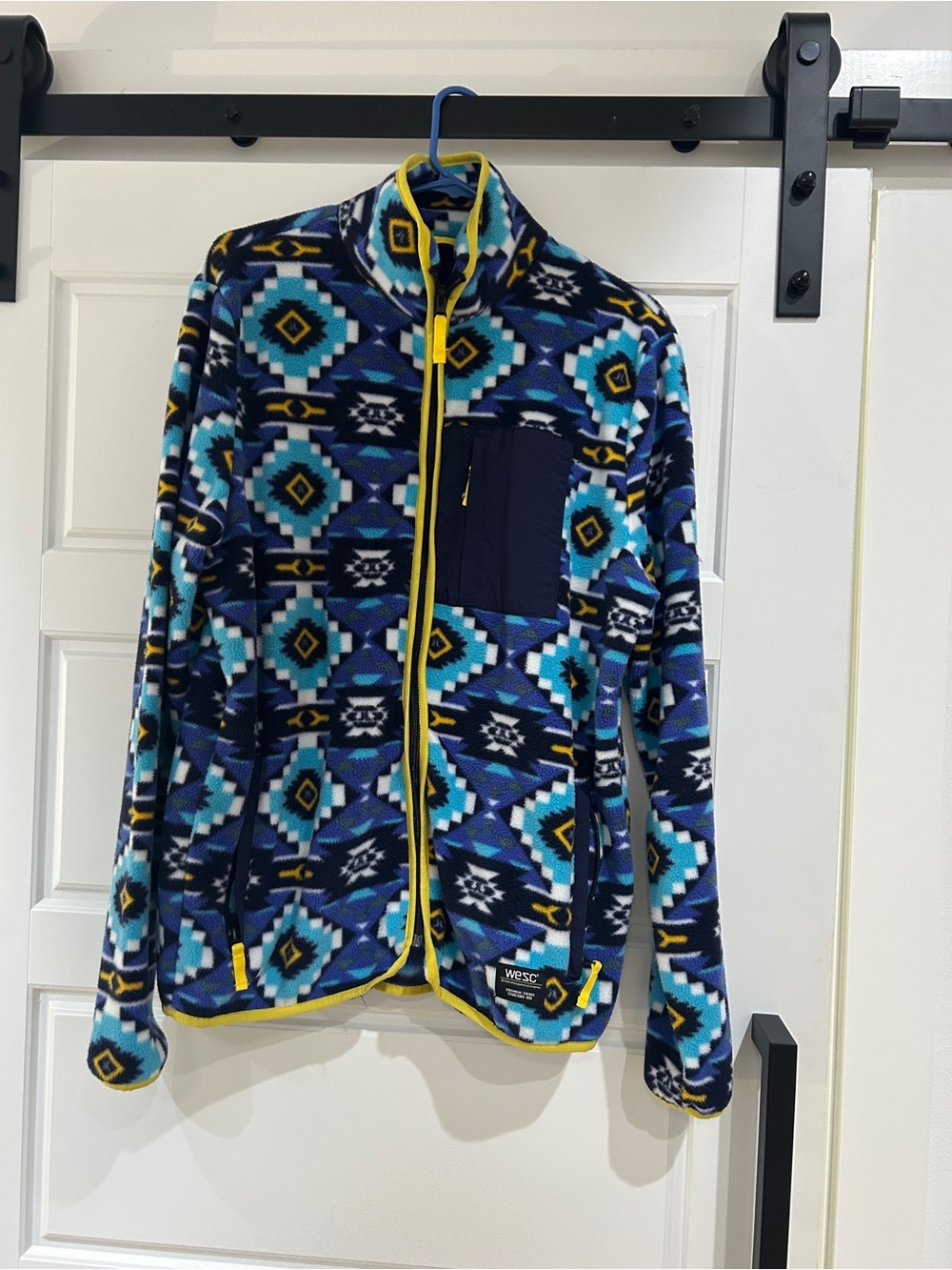 Wesc Blue Geometric Pattern Fleece Jacket with Yellow Trim